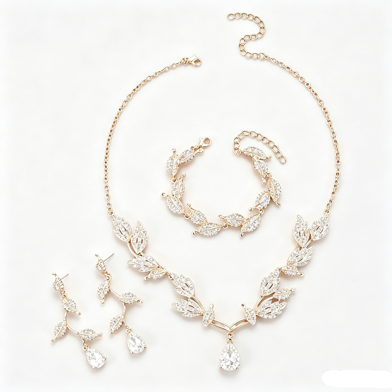Leaf Teardrop DiamondsJewelry Set, 4-Piece Wedding Party Necklace Earrings Bracelet Kit
