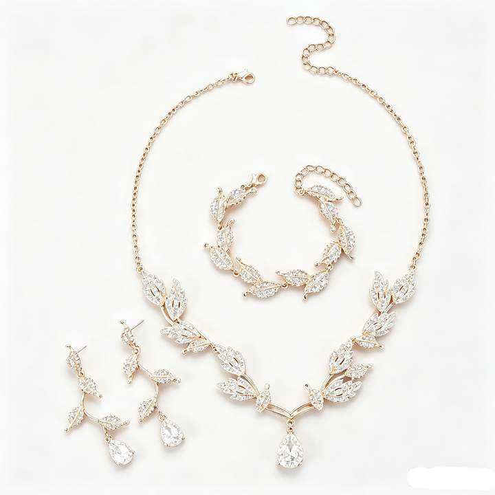 Leaf Teardrop DiamondsJewelry Set, 4-Piece Wedding Party Necklace Earrings Bracelet Kit