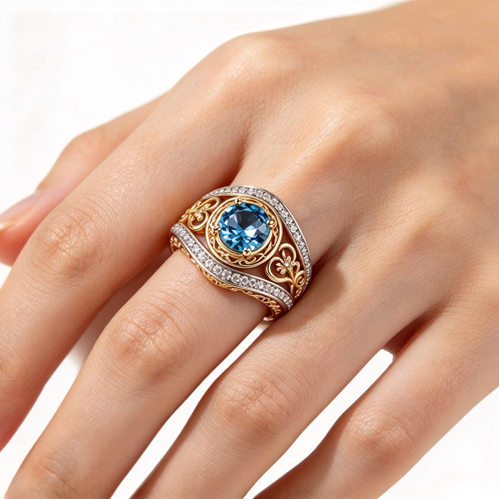 Vintage Filigree Round Gemstone Ring, Two-tone Ornate Statement Ring for Women
