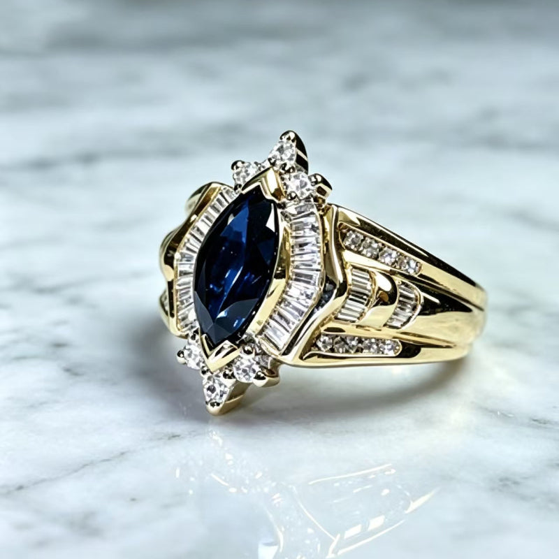 Marquise‑Cut Blue Gemstone & Diamond Promise Ring, Vintage Gold Tone Bridal Ring
