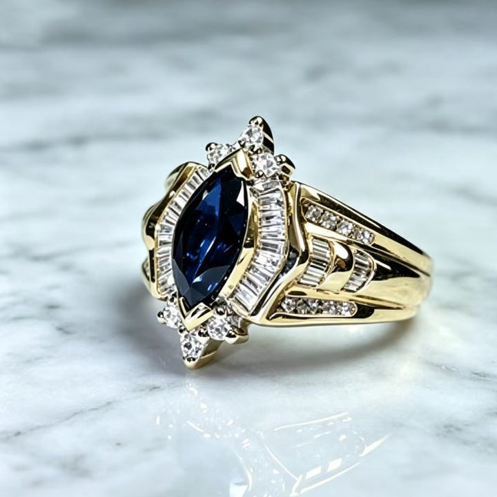 Marquise‑Cut Blue Gemstone & Diamond Promise Ring, Vintage Gold Tone Bridal Ring