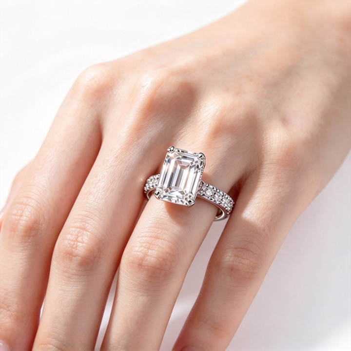 Emerald Cut Luxury 8-Prong Statement Ring for Women, Sparkling Side Stone Engagement Style Ring