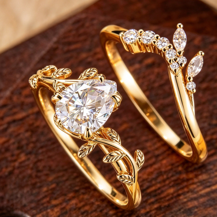 Leaf Shaped Stackable Ring Set, Elegant Teardrop Stone Matching Bands for Women