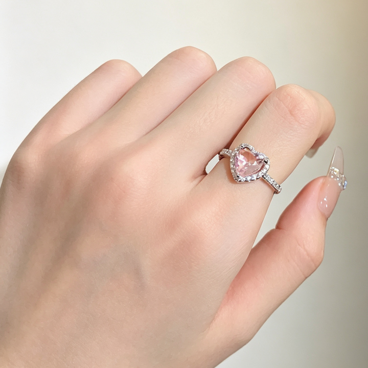 Adjustable Opening Pink Heart Halo Diamond Ring, Pear Side Stone Romantic Promise Engagement Ring For Women