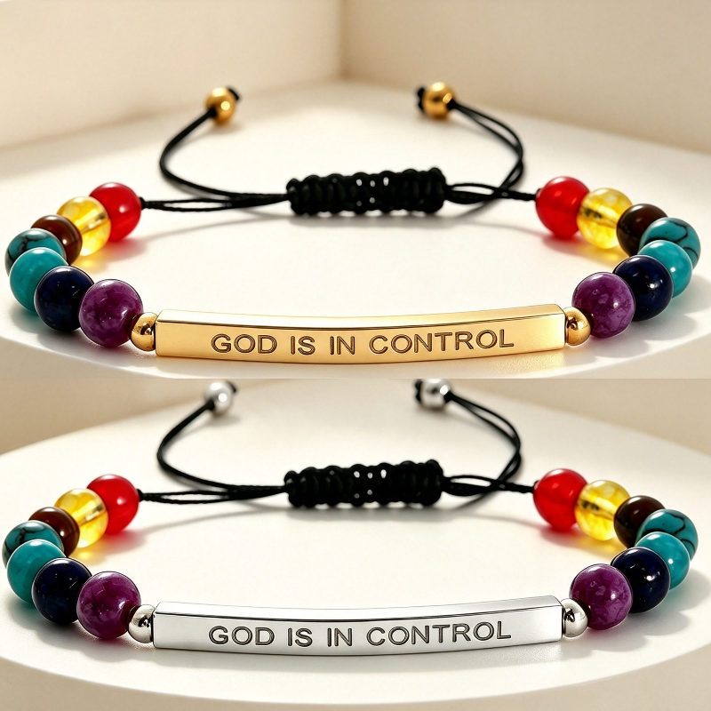 "God Is In Control" Colorful Beaded Adjustable Bracelet, Inspirational Bar Charm Bracelet Gold & Silver Tone