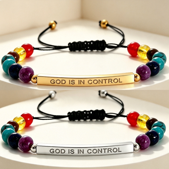 "God Is In Control" Colorful Beaded Adjustable Bracelet, Inspirational Bar Charm Bracelet Gold & Silver Tone
