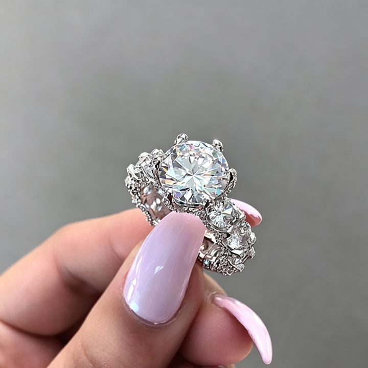 Vintage Filigree Crown Round Diamond Split Shank Engagement Ring, Ornate Marquise Accent Gothic Bridal Statement Ring
