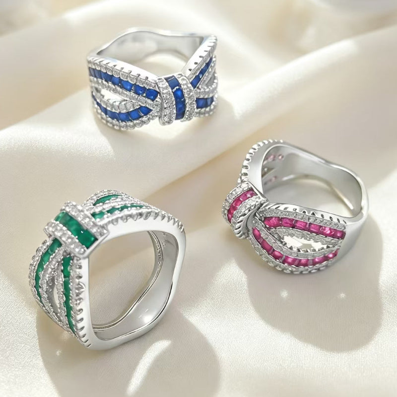 Bow‑Shaped Multi‑Color Gem &amp; Diamond Statement Ring, Women’s Wide Band Cocktail Ring