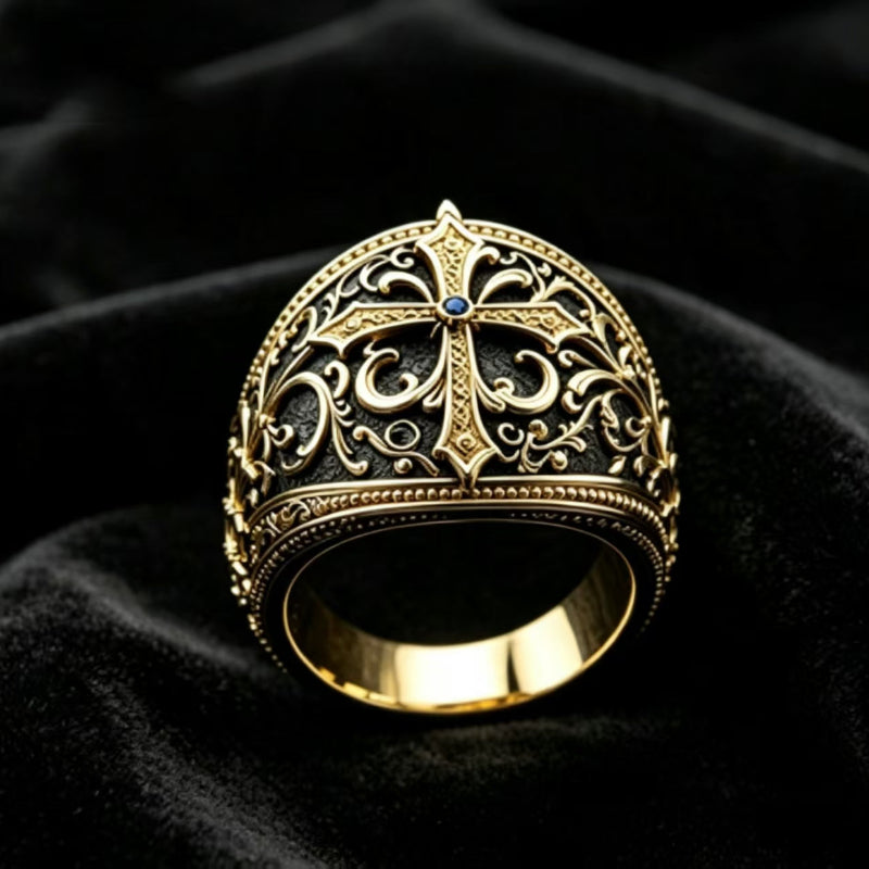 Vintage Engraved Cross Diamond Signet Ring, Gold Tone Men’s Statement Ring