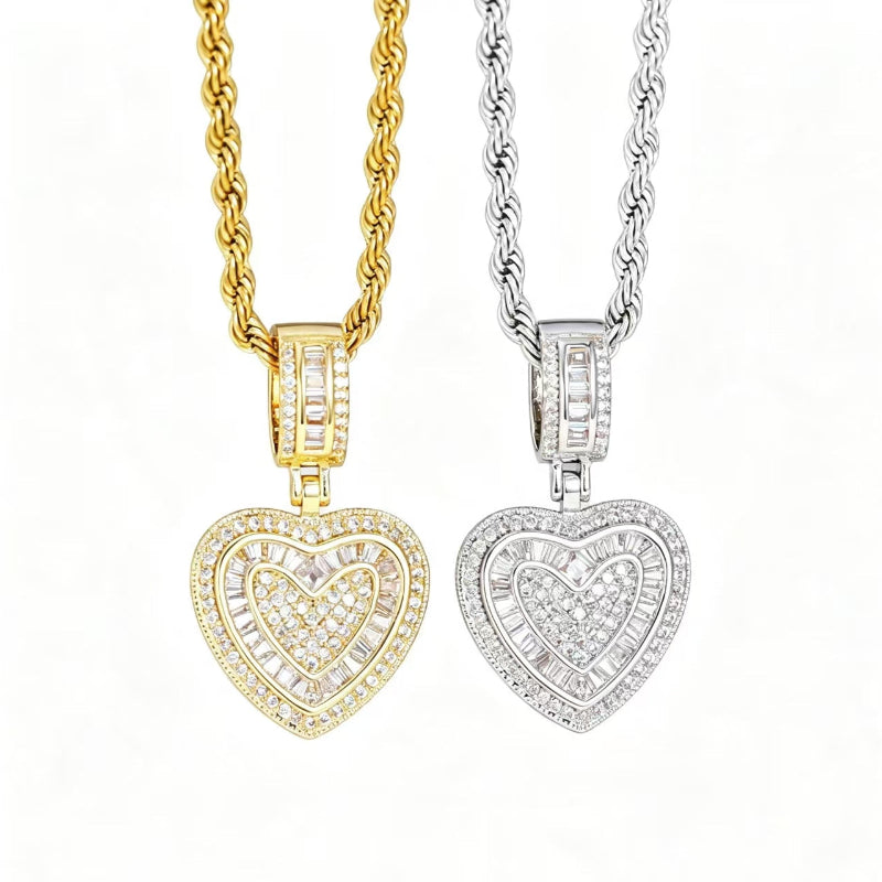 Layered Heart‑Shaped Diamond Pendant Necklace, Rope Chain Two‑Tone Jewelry