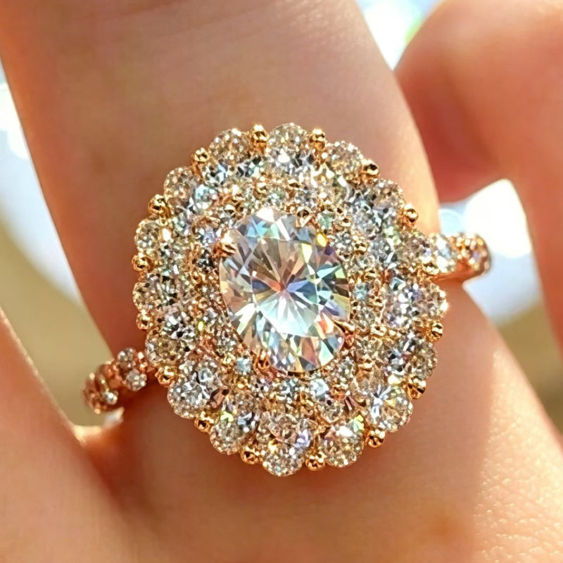Oval‑Cut Double Halo Diamond Engagement Ring, Rose Gold Tone Women’s Statement Ring