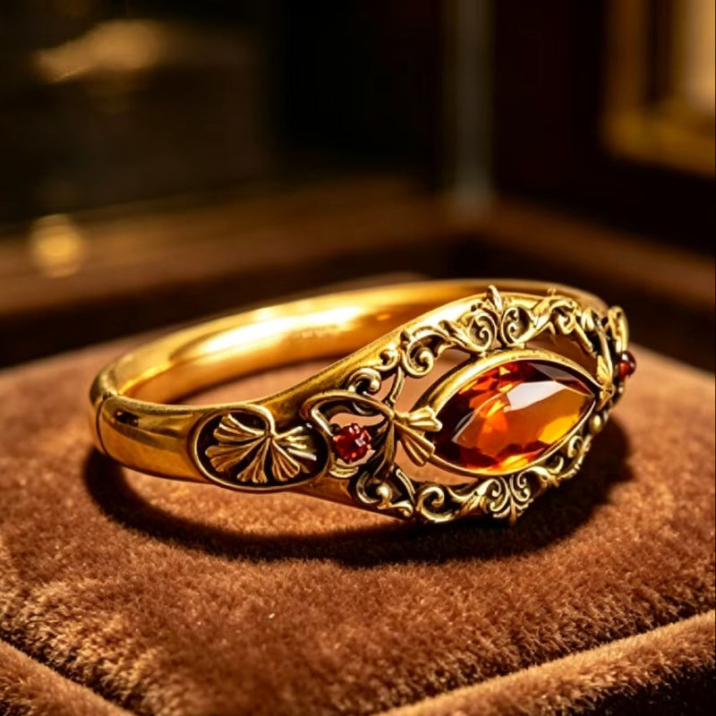 Vintage Ornate Open‑Work Gold Ring with Marquise‑Cut Amber Diamond Accents