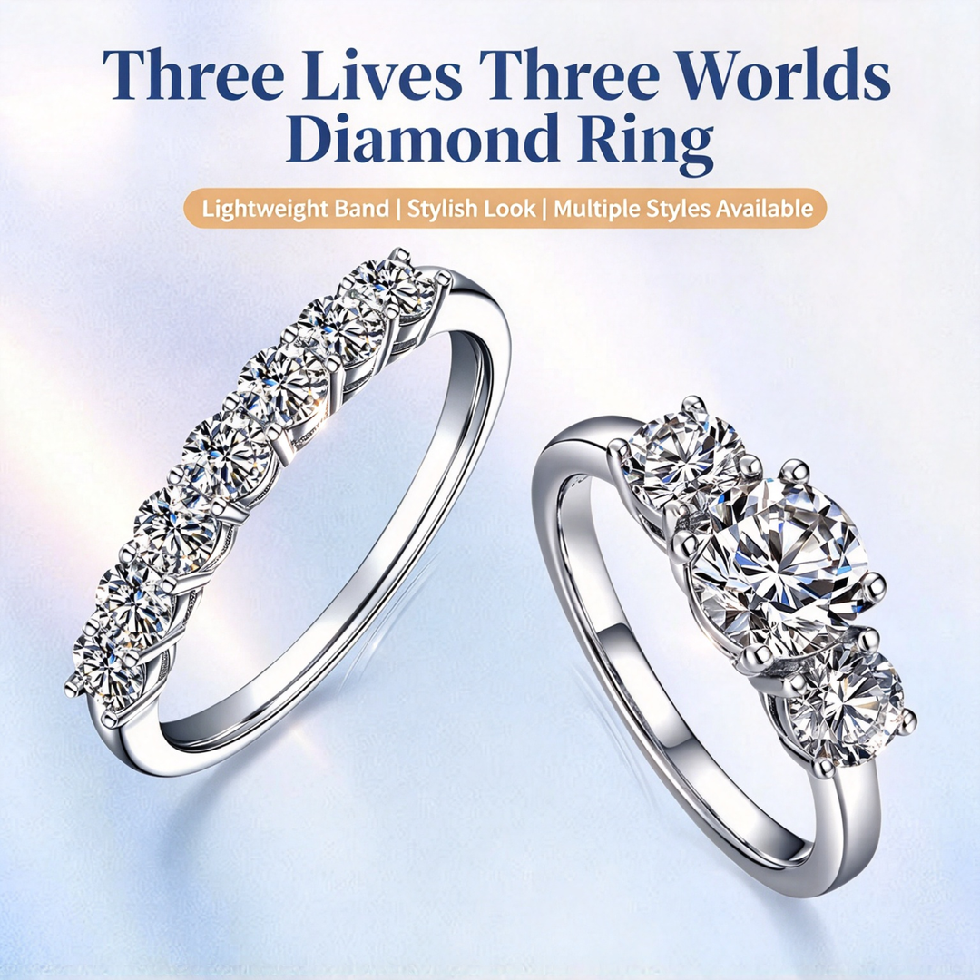 "Three Lives, Three Worlds" Ring Set, Classic Round Diamond Wedding Band &amp; Engagement Ring