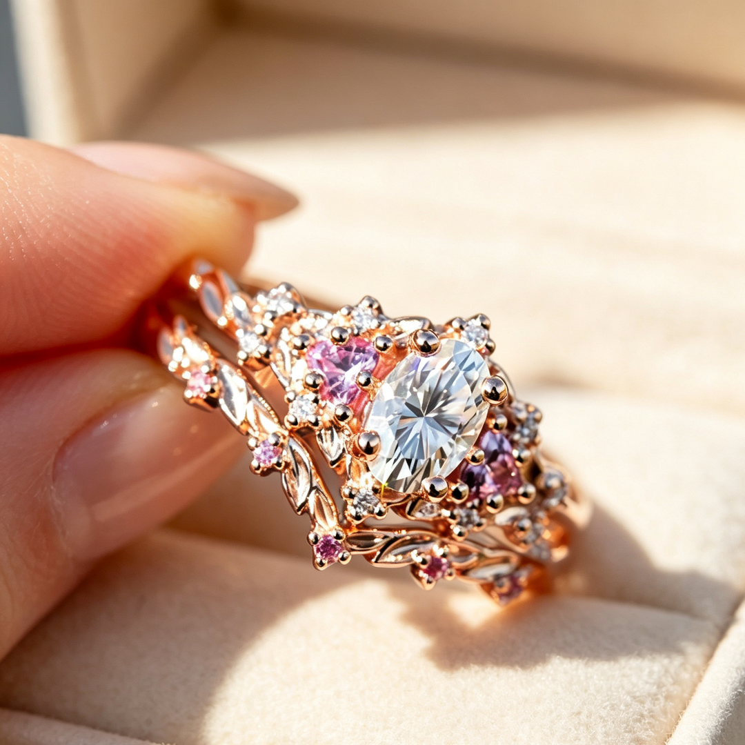 Rose Gold Floral Diamond Stackable Ring Set, Minimalist &amp; Stylish Ring