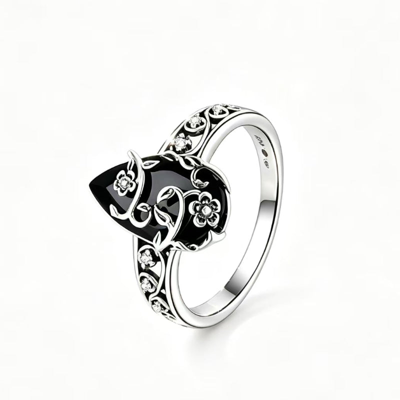 Gothic Floral Black Gemstone Statement Ring, Bohemian Vintage Floral Women&
