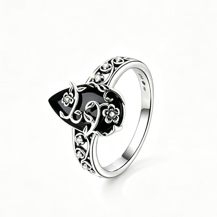 Gothic Floral Black Gemstone Statement Ring, Bohemian Vintage Floral Women&