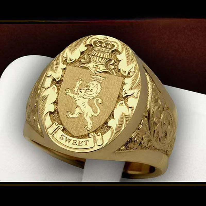 Men’s Gold‑Tone Lion Crest Heraldic Signet Ring, Bold, Stylish Men&