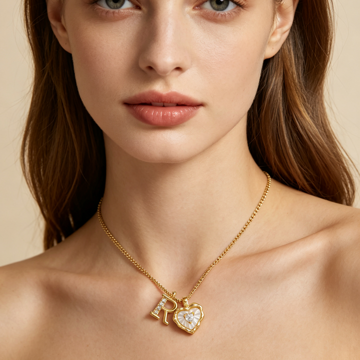 26 Letters Custom Initial Mother-of-Pearl Heart Pendant Necklace, 14K Gold Dainty Personalized Collarbone Jewelry