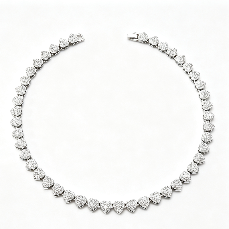 Full Pave Diamond Heart Tennis Choker, Iced Romantic Stackable Collarbone Statement Necklace