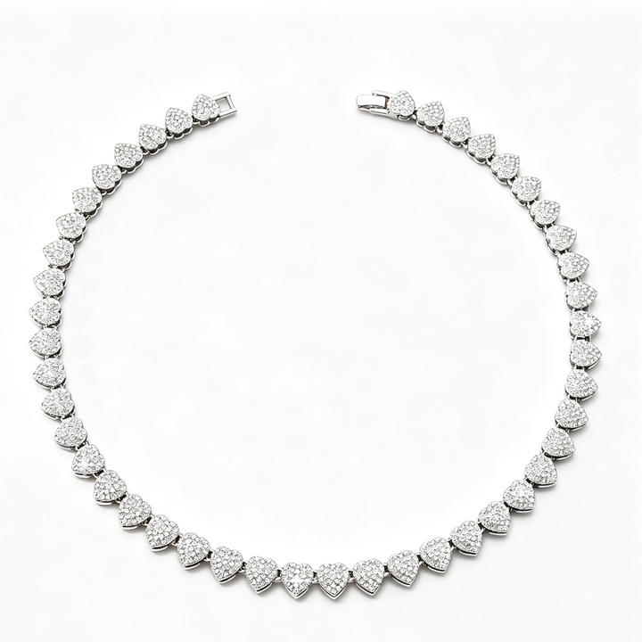 Full Pave Diamond Heart Tennis Choker, Iced Romantic Stackable Collarbone Statement Necklace