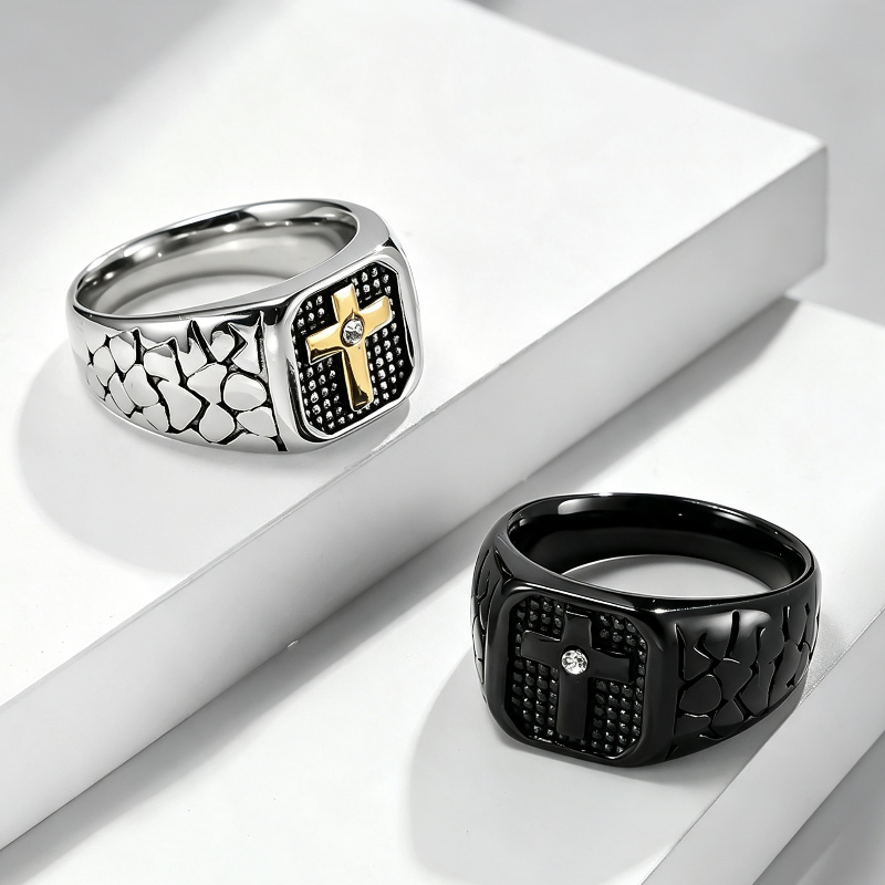 Vintage Textured Cross Signet Ring with Inlaid Diamond, Men’s Bold Statement Ring