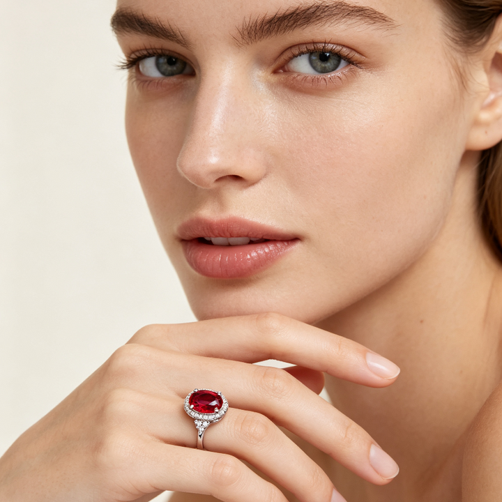 Oval red Gemstone Halo Ring, Vintage Crown Design Sparkling Diamond Accent Ladies Statement Ring