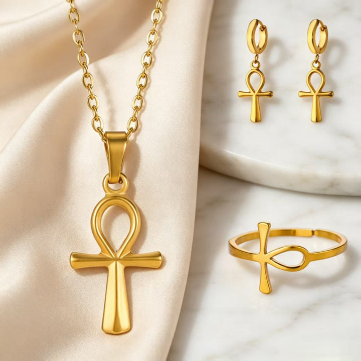 Jewelry Matching Set, Necklace Hoop Earrings Open Ring Vintage Religious Statement Stackable Accessory Kit