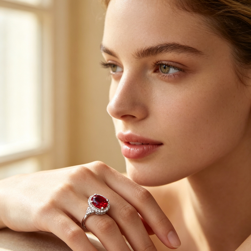 Oval red Gemstone Halo Ring, Vintage Crown Design Sparkling Diamond Accent Ladies Statement Ring