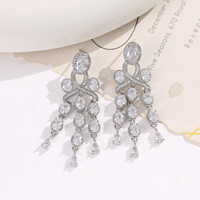 Long Tassel Halo Gemstone Drop Earrings Collection, Silver & Gold Tone Formal Statement Jewelry