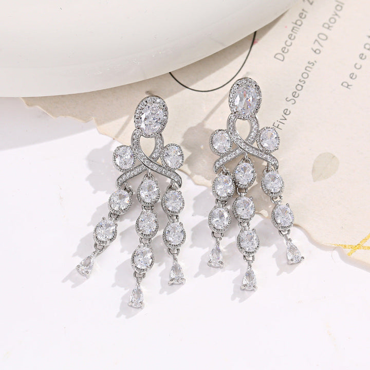 Long Tassel Halo Gemstone Drop Earrings Collection, Silver & Gold Tone Formal Statement Jewelry