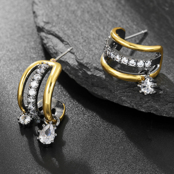Multi‑Layer Hoop Teardrop Earrings, Two‑Tone Gold Tone With Sparkling Dangling Diamond Charms