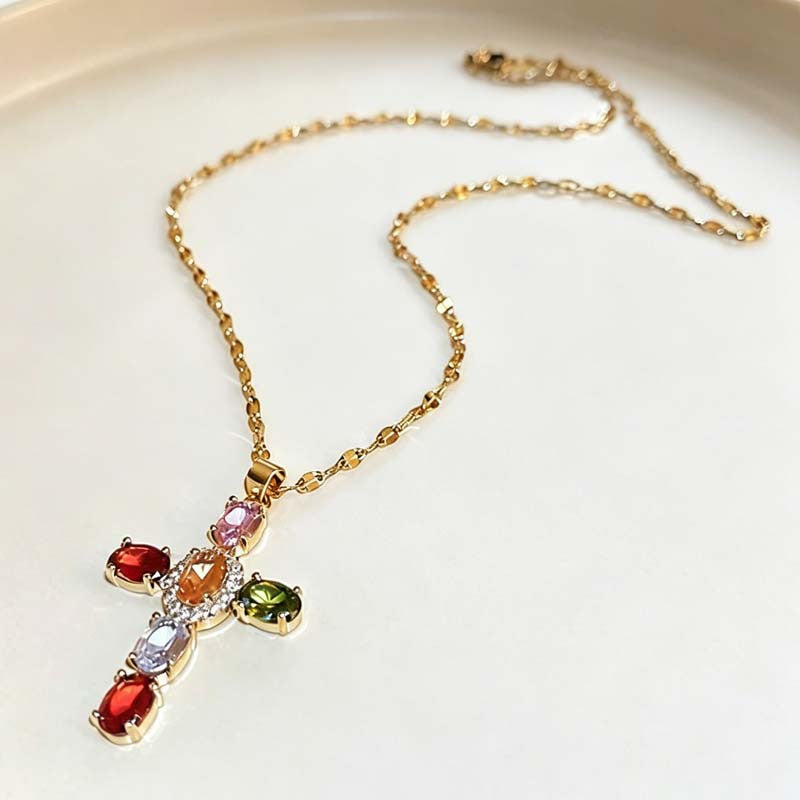 Colorful Gem Cross Pendant Necklace, Ideal for Birthday &amp; Christmas Gift for Women