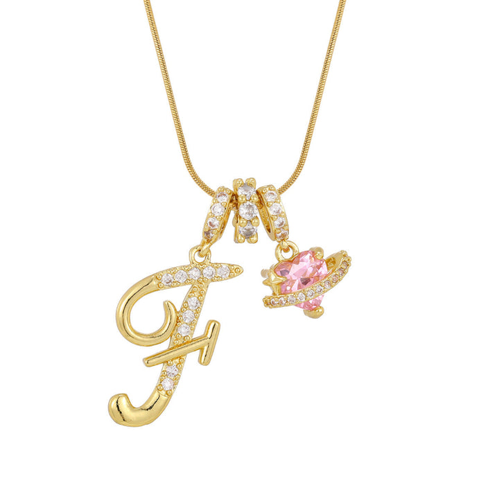 26 Letters Cursive Initial Pink Heart Planet Charm Gold Snake Chain Necklace
