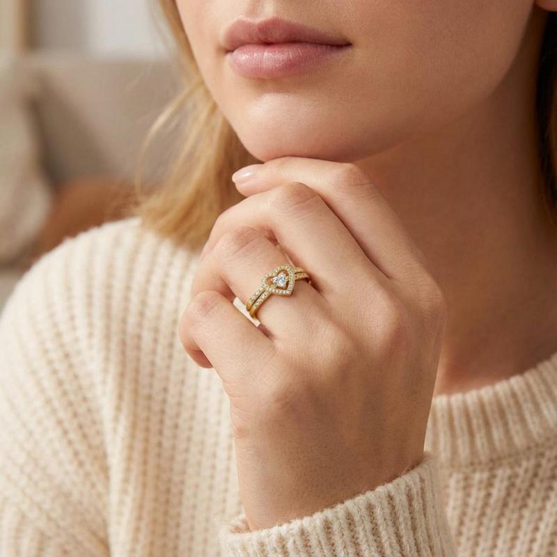 Heart Halo Stack Bridal Ring & Moss Agate Floral Rose Gold Ring Collection, Romantic Promise Ring Sets