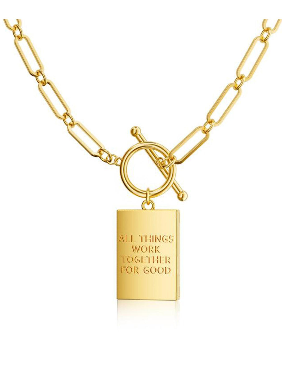 Paperclip Chain Toggle Clasp Rectangular Tag Pendant Necklace, Engraved Back Layerable Daily Fashion Jewelry