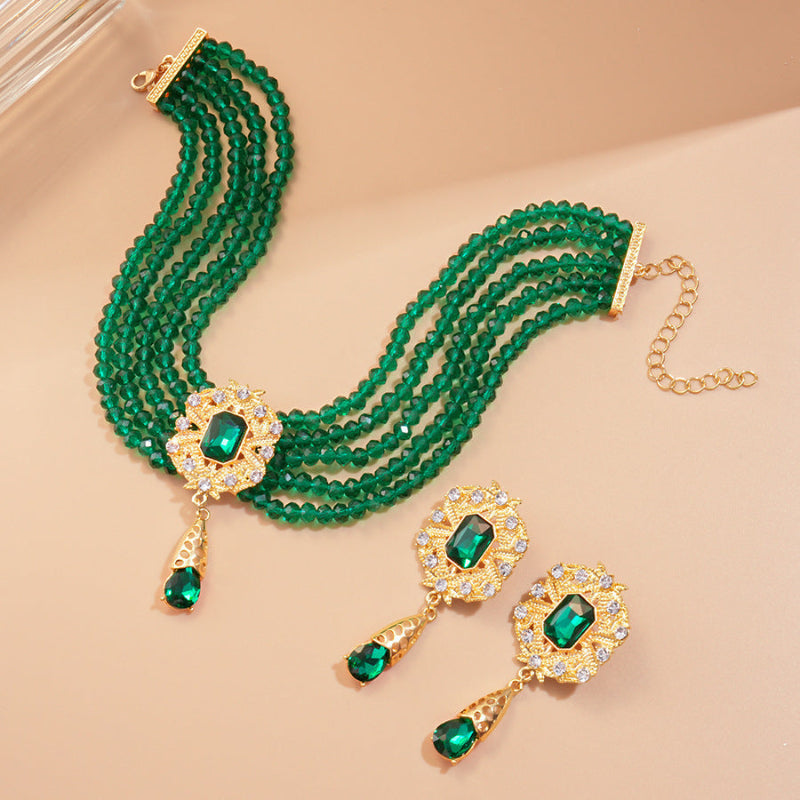 Multi‑Layer Gemstone Choker Jewelry Set, Luxury Teardrop Pendant Earrings and Necklace Set