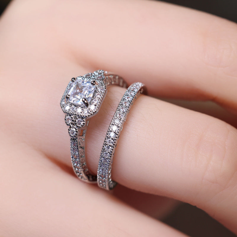 Cushion Cut Halo Bridal Ring Duo, Vintage Pave Stackable Stackable rings