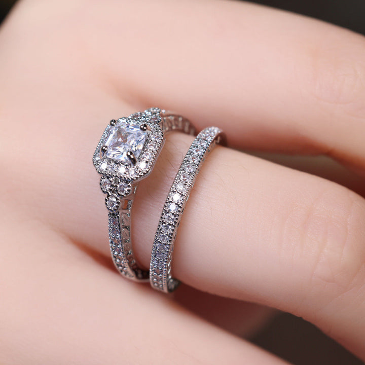 Cushion Cut Halo Bridal Ring Duo, Vintage Pave Stackable Stackable rings