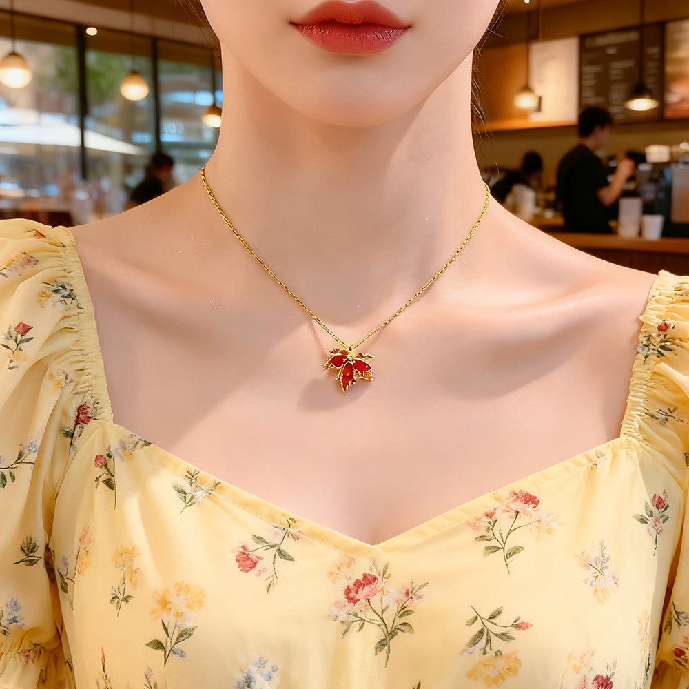 Sparkling Maple Leaf Jewelry Set, Red Stone Leaf Earrings &amp; Pendant Necklace for Women