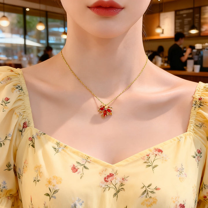 Sparkling Maple Leaf Jewelry Set, Red Stone Leaf Earrings &amp; Pendant Necklace for Women