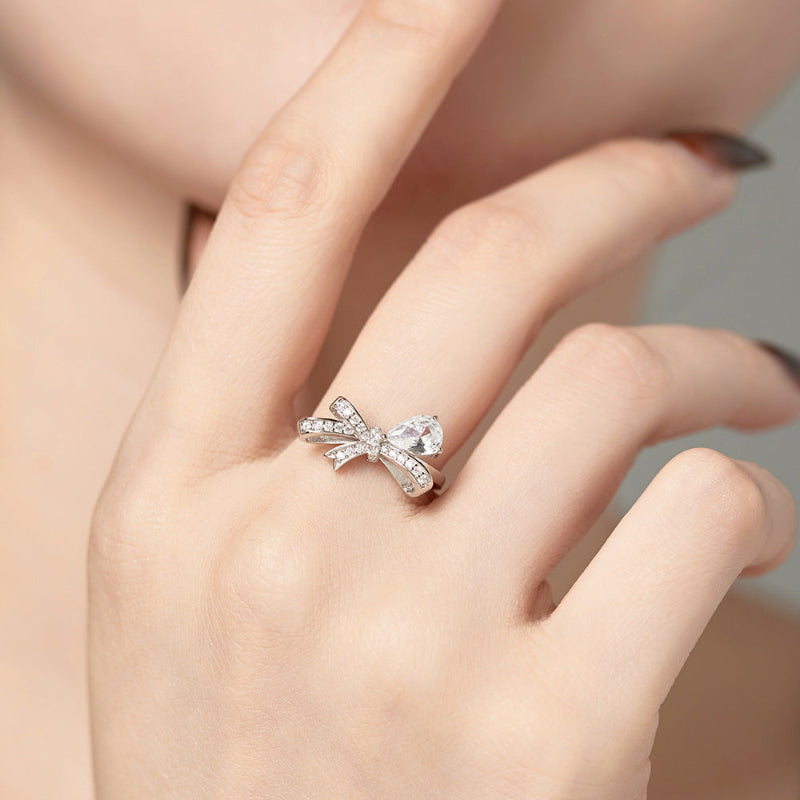 Exquisite Bow‑Knot Teardrop‑Shaped Gem & Diamond Ring, Multi‑Color Option Elegant Women Statement Ring