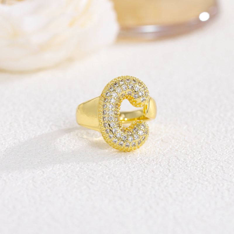 Adjustable Open Iced‑Out Initial Letter Diamond Ring, 26‑Alphabet Statement Unique Style Ring