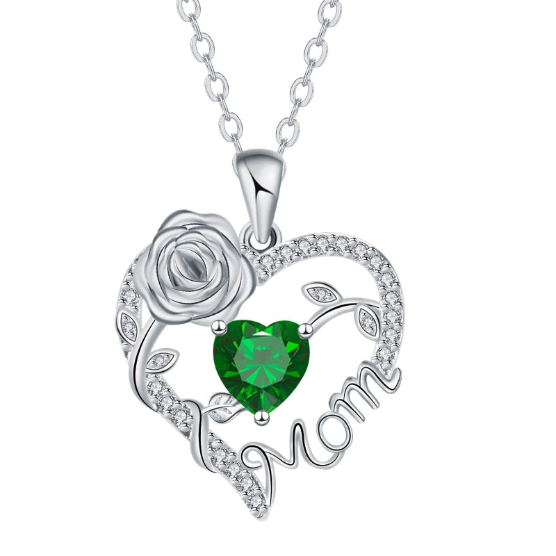 Mom Rose Heart Diamond Pendant Necklace, Hollow Open Heart Floral Jewelry Gift For Mother’s Day Birthday