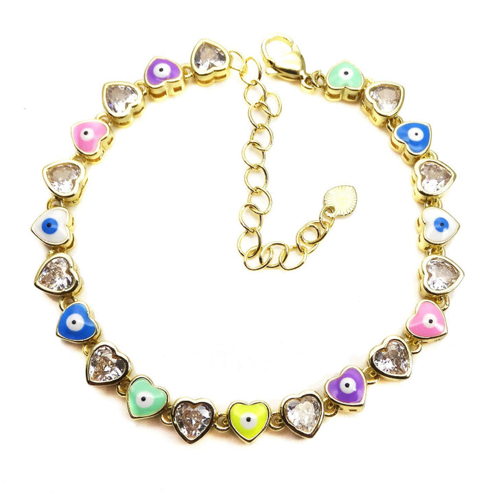 Multi-Color Enamel Evil Eye Heart Diamond Bracelet, Dainty Stackable Protection Symbol Women Coquette Wrist Jewelry