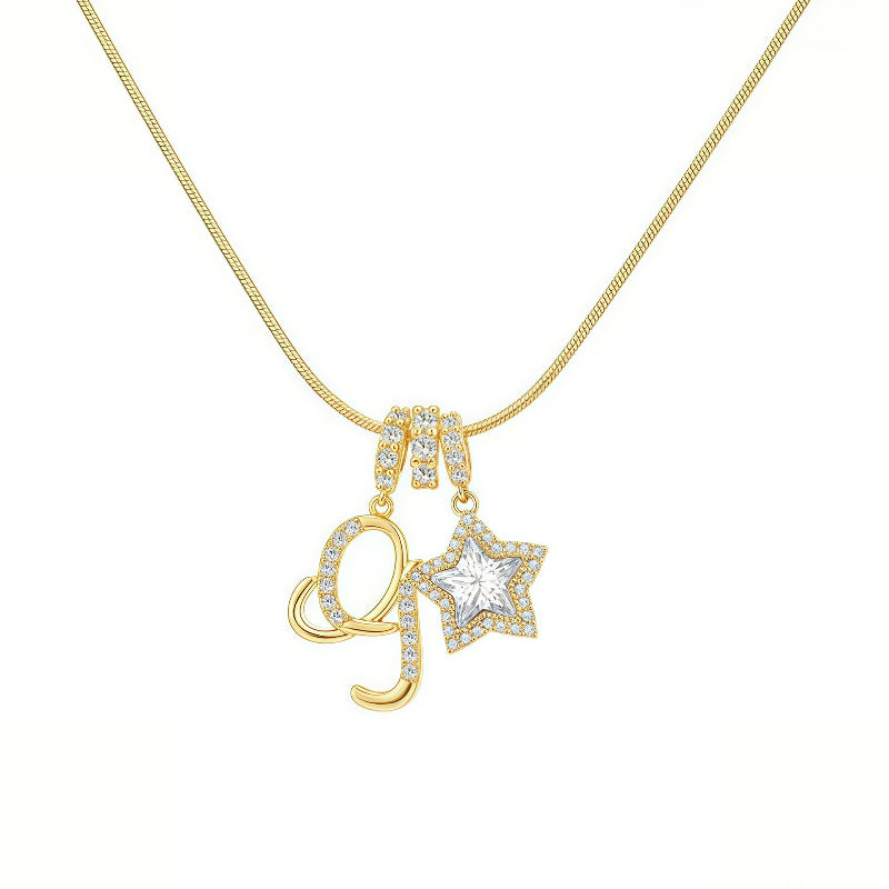 Cursive Initial Letter Diamond Star Pendant Necklace, 26‑Alphabet Snake Chain Necklace