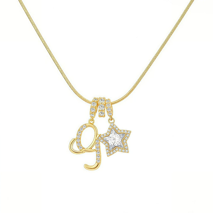 Cursive Initial Letter Diamond Star Pendant Necklace, 26‑Alphabet Snake Chain Necklace