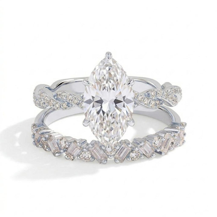 Marquise Diamond Twisted Stack Ring Set, 2 Tone Matching Bridal Wedding Band Duo