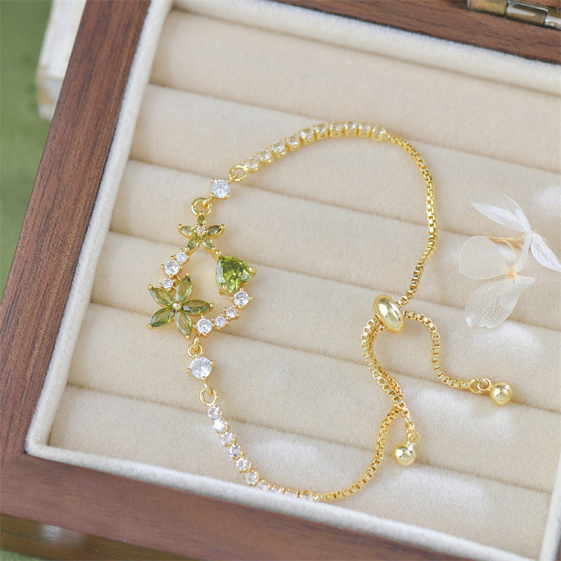 Colorful Floral Gem & Diamond Slider Adjustable Gold Bracelet, Delicate Bracelet for Women