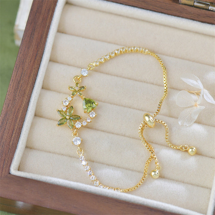 Colorful Floral Gem & Diamond Slider Adjustable Gold Bracelet, Delicate Bracelet for Women