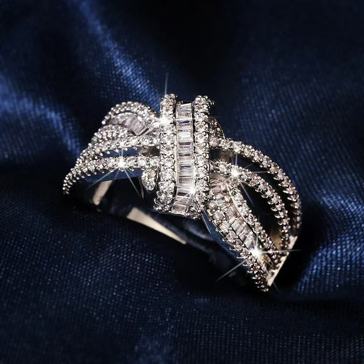 Twisted Knot Paved Diamond Statement Ring, Multi-layer Interwoven Shiny Cocktail Ring